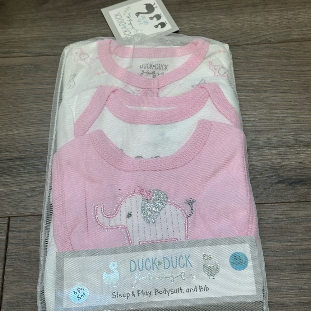 Duck Duck Girls Pink & White Elephant Print Bodysuit Set - 3pc